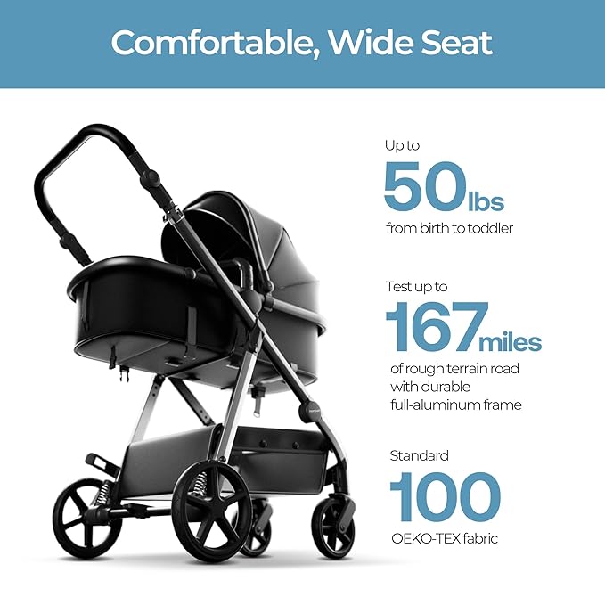 Mompush Baby Stroller, Convertible 2-in-1, Infant Car Seat Compatible, Includes Adapter - Sturdy Full-Size Infant Stroller for Family Adventures