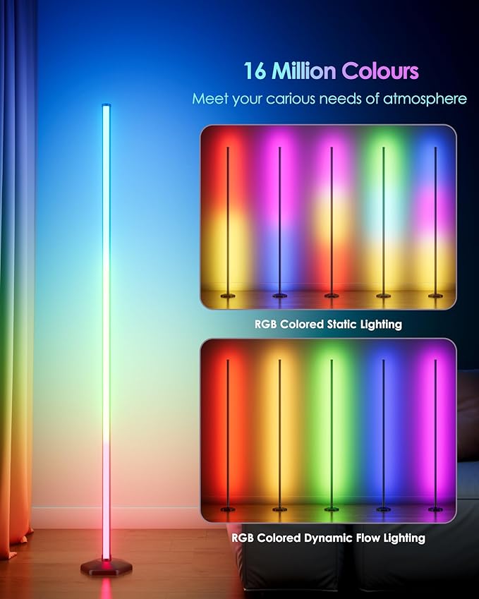 2PCS Smart RGB LED Corner Floor Lamp with App and Remote Control, 65" Color Changing Standing Lamp with Music Sync and 16 Million DIY Colors, Modern Floor Lamps for Bedroom Living Room Gaming Rooms