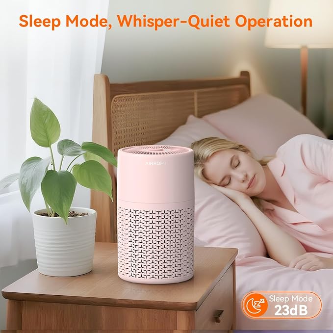 AIRROMI Pets Air Purifier for Home Allergies,Up to 660 ft².Yellow Deodorizing Activated Carbon Filter,With Fragrance Sponge for Better Sleep,Night Light,Pet Dander,Smoke,Odors,Air Cleaner A2002 Pink