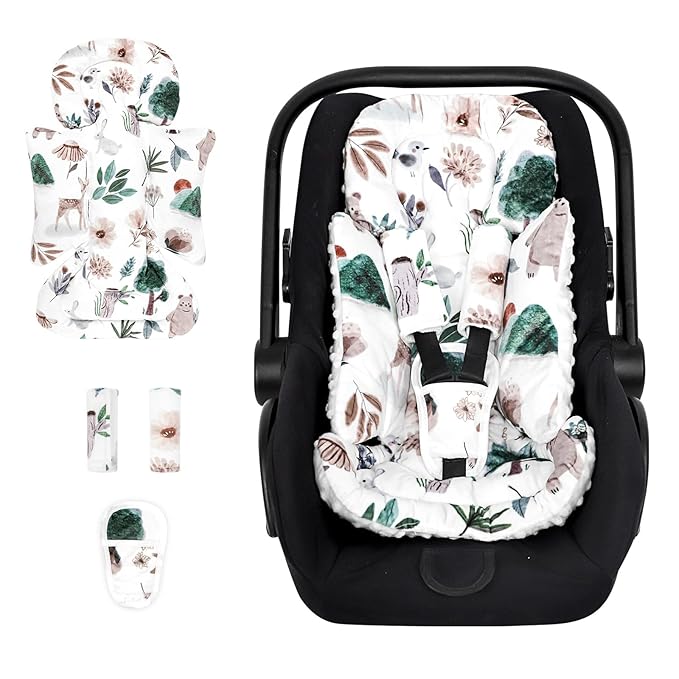 Infant Car Seat Insert and Strap Covers, Very Soft Car Seat Head Support Baby Girl Boy, Reversible Newborn Carseat Insert Cushion Fits for Stroller, Baby Swing, Bouncer (White Animals)