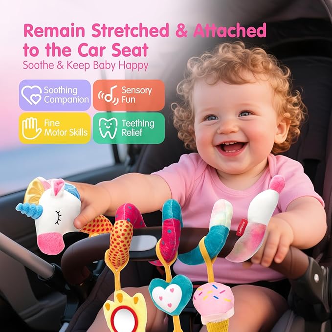 hahaland Car Seat Toys for Babies 0-6 Months Girl - Baby Toys 3-6 Months - Rattle, Mirror, Crinkle, Squeaky Carseat Stroller Toy 0-6 Months Developmental Newborn Baby Girl Birthday Gifts