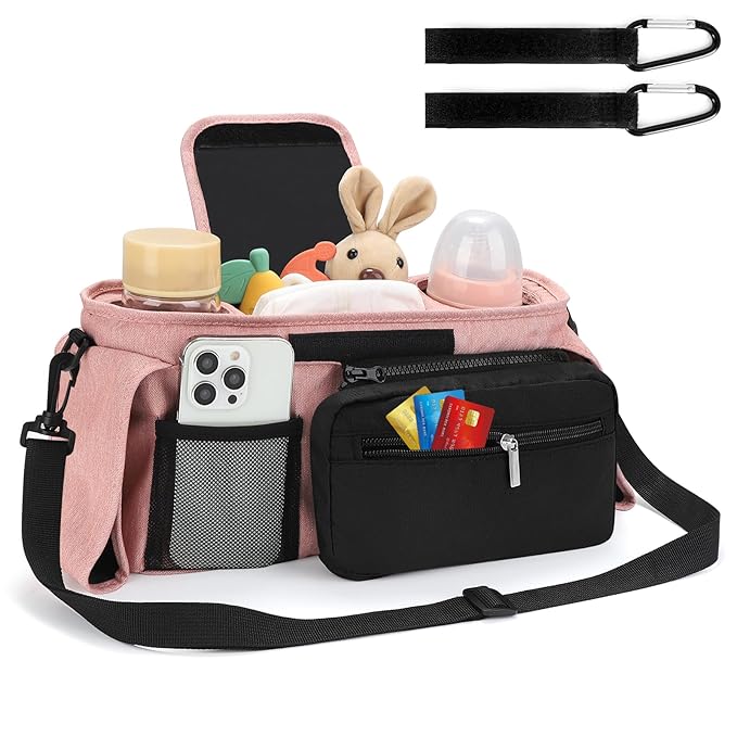 Accmor Universal Stroller Organizer with Insulated Cup Holder Detachable Phone Bag and Shoulder Strap,Stroller Bag Caddy Organizer Fits for Uppababy, Baby Jogger, Britax Strollers