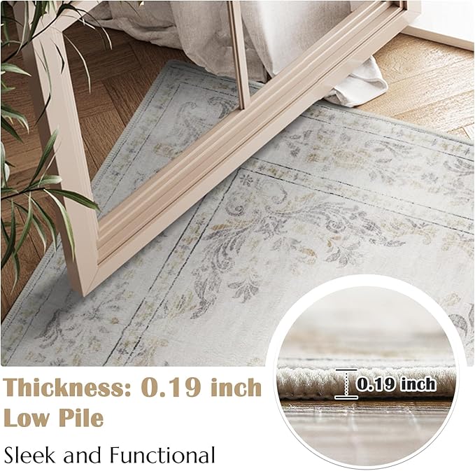 jinchan Vintage Floral Runner Rug 2x6 - Machine Washable Distressed Design Non-Slip Low-Pile Soft Thin Carpet for Hallway Kitchen Farmhouse Bedroom Entryway Laundry Room (2x6ft,Light Grey)
