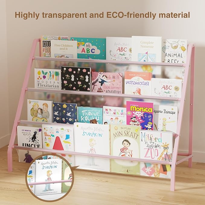 High-Transparent 4 Tier Kids Bookshelf, Sturdy Metal Large Size Book Rack Storage for Kids - Toddler Book Shelf Display for Nurasery, Playroom or Kids Room, Bookshelf Hold More Books - Pink
