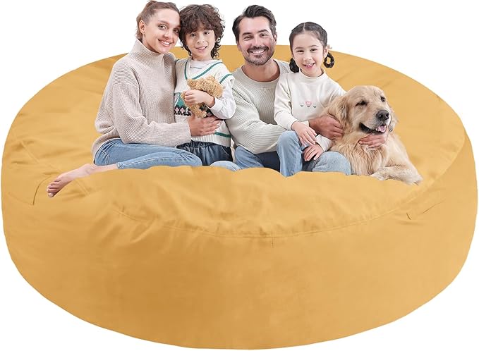 7FT Bean Bag Chair, Large Bean Bag Chairs with Memory Foam Filled, Fluffy Beanbag Sofa with Dutch Velvet Cover, Round BeanBag Chairs for Living Room, Playroom - Mustard