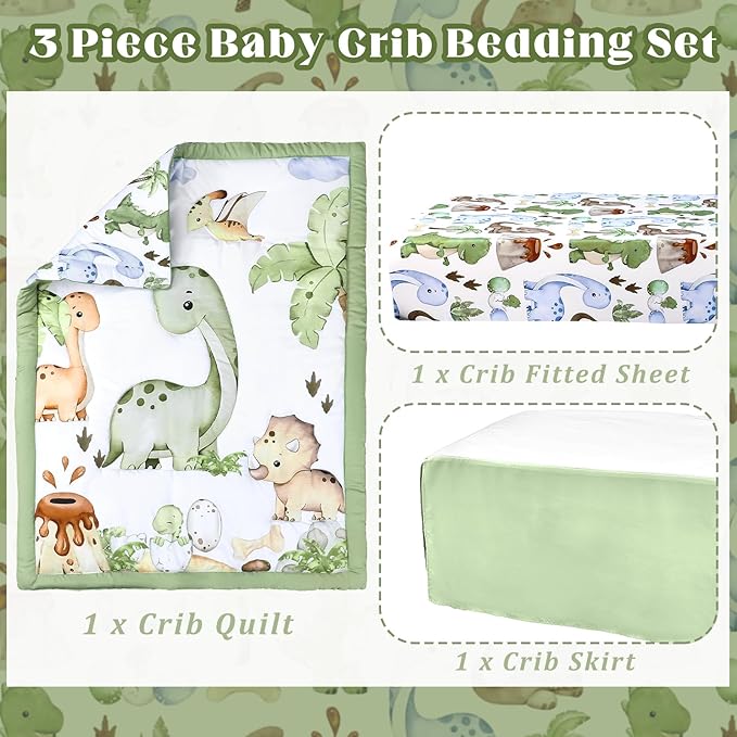 3 Pcs Baby Crib Bedding Set Safari Animals Dinosaurs Bear Woodland Animals Jungle Crib Set Includes Quilt, Fitted Sheet, Skirt for Baby Boy Girl(Green,Dinosaur)