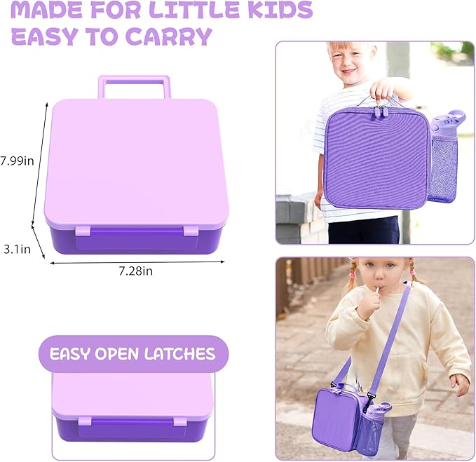 Kids Bento Lunch Box with 8oz Soup Thermo, Water Bottle, Kids Leakproof Lunch Food Containers with 4 Compartment, Insulated Hot Food Jar with Lunch Bag for School, Trvael (Purple)