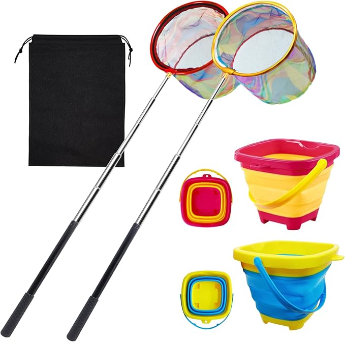 2PCS Fishing Net with Bucket, Telescopic Fishing Landing Net, Collapsible Kids Sand Bucket, Kids Fish Butterfly Catching for Freshwater Saltwater Outdoor Activities