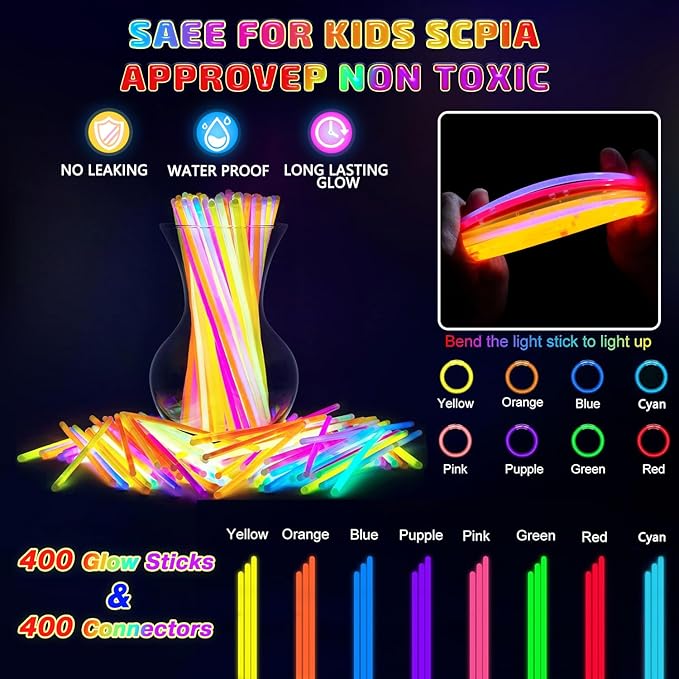 400 Pcs Glow Sticks Bulk Party Pack, 8'' Glow in the Dark Party Supplies, Glow in the Dark Light Up Sticks with Connectors, Party Favors for Birthday, Concert, Raves, Halloween, Christmas