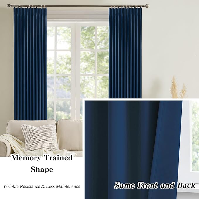 KEQIAOSUOCAI Navy Blue Curtains 102 Inches Long 2 Panels Set, Pinch Pleated Thermal Insulated Blackout Room Darkening Curtain for Living Room,Window Draperies with Hooks(Navy Dark Blue,40x102-inch)