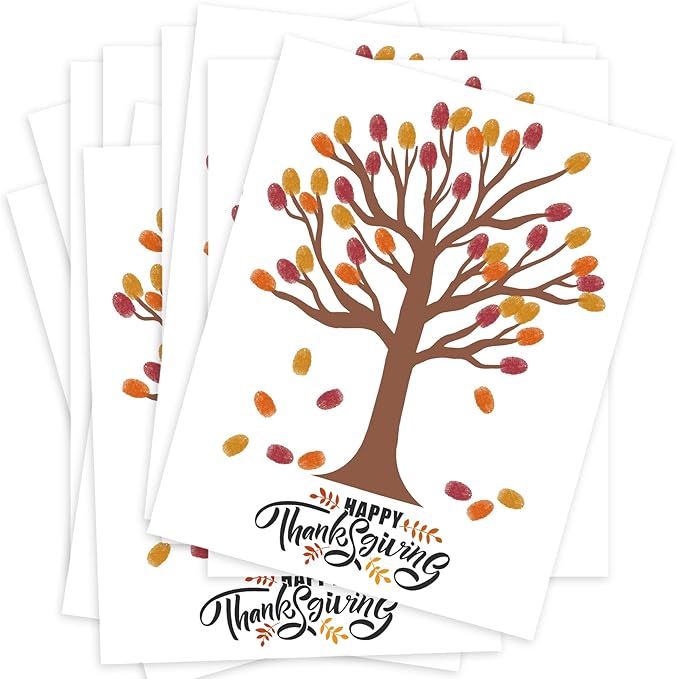 Gratitude Tree Fingerprinting Kit, DIY Happy Thanksgiving Keepsake, Baby Keepsake Gifts, 10 Cards, Thanksgiving Party Game Supplies, Make Your Own Thank You Greeting Cards Gifts for Mom and Dad, 03