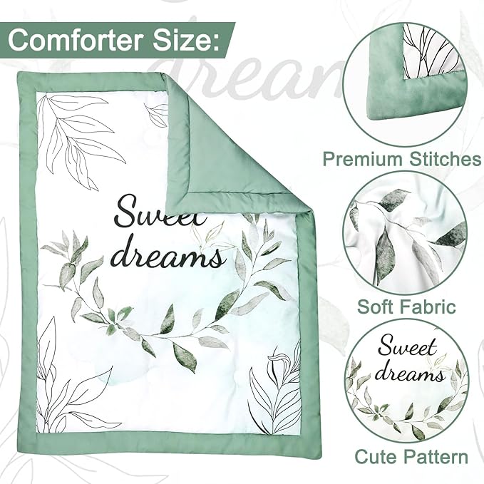 Green Leaf Crib Bedding Set, 4-Piece Baby Boy Bedding Set, Neutral Nursery Bedding Set, Fitted Crib Sheet, Crib Skirt, Baby Quilt, and Diaper Stacker, Sage