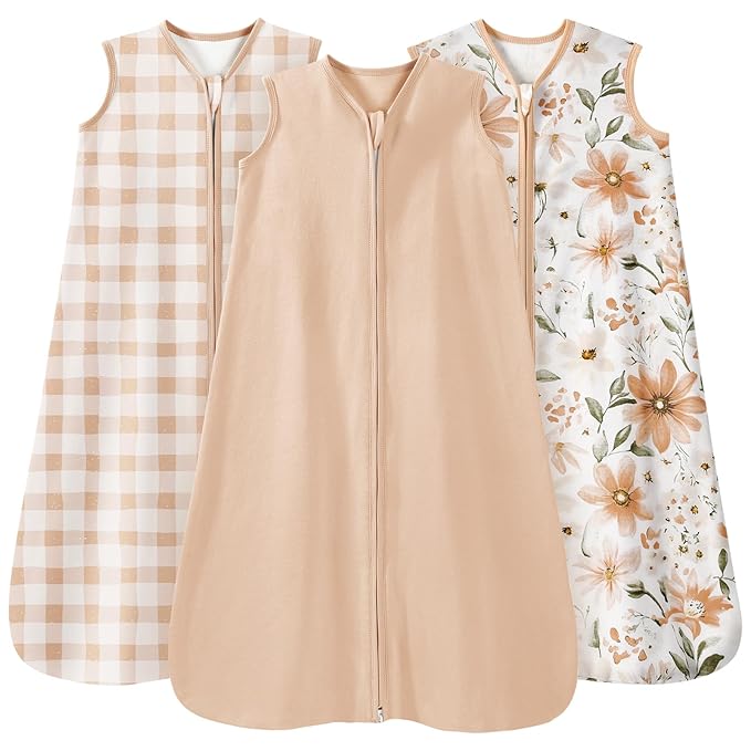 Baby Sleep Sack 12-18 Months 3 Pack 100% Cotton Lightweight 0.5 TOG Wearable Blanket Baby Sleep Bag with 2-Way Zipper for Newborn Infant Orange Flowers & Plaid