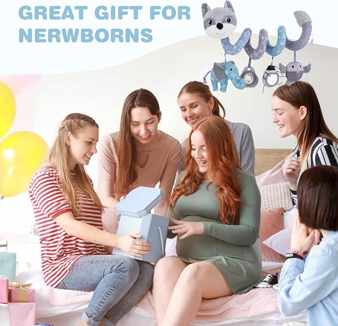 Jollybaby Baby Car Seat Stroller Toys, Plush Activity Hanging Spiral Activity Pram Crib with Music Box, Rattles, Squeaker for Babies Infant Boys Girls(Grey Fox)