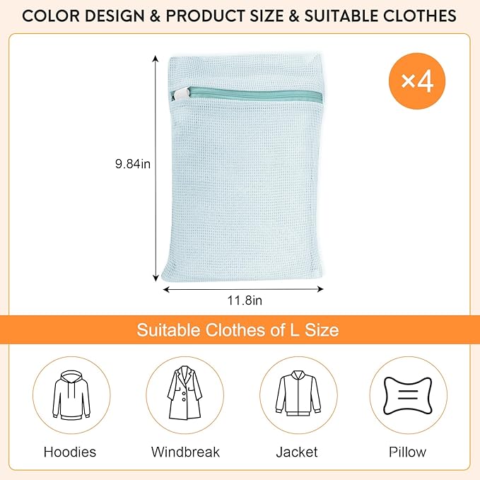 4 Piece Blue Small, Durable Organic Cotton Mesh Laundry Bag with Strong Zipper and Breathable Mesh, Delicate Laundry Bag for Underwear, Clothes, Pants and Socks