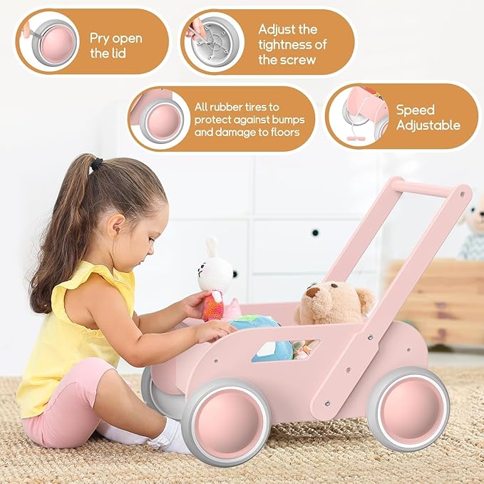 2025 HOMEKOL Wooden Baby Walker,Baby Push Walker, Adjustable Speed Baby Walker for Boys and Girls, Baby Activity Center, Gift for Birthday, Christmas and New Year Nature Pink