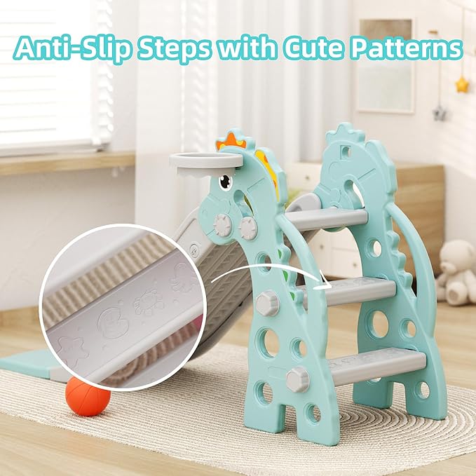 67i Toddler Slide for Indoor & Outdoor Play with Basketball Hoop, Anti-Slip Steps, 46.8in Baby Climber (Green)