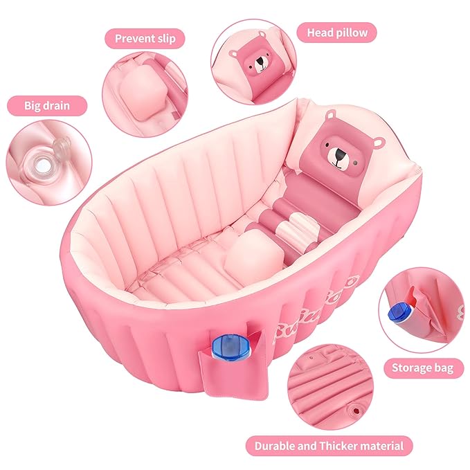 Inflatable Baby Bath Tub Portable Foldable Travel Mini Swimming Pool Helps Infants to Toddler Tub (Pink)