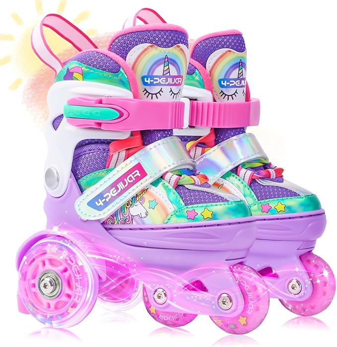 4-Pejiijar Rainbow Unicorn Kids Roller Skates for Girls Toddler Ages 2-4 5-8 8-12,Adjustable Roller Shoes with Luminous Wheels for Birthday Xmas Gifts