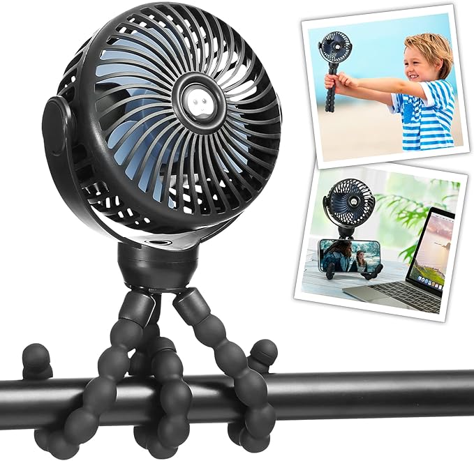 snawowo Mini Portable Baby stroller Fan, Battery Operated Personal Small Handheld Fan, 360° Rotate Flexible Tripod Rechargeable Clip On for Car Seat Crib Bike Treadmill Travel Camping Black