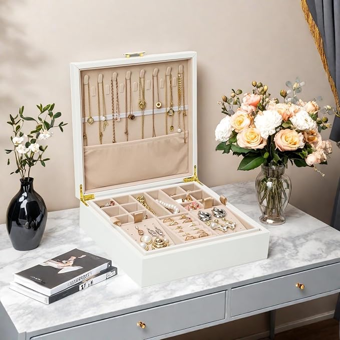 Jewelry Box Organizer for Women,White 2 Layer jewelry Stoarge Case,Built in Necklace Hook and Detachable Jewelry Tray,Indoor Jewelry Display Box