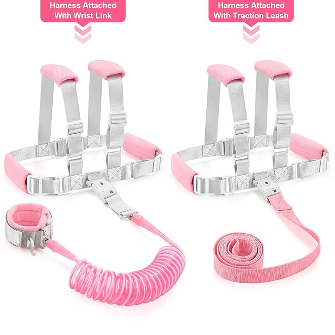 Accmor 3 in1 Toddler Harness Leash with Anti Lost Wrist Link, Harness Leash for Toddlers, Baby Leash, Child Walking Harness Kids Leash Wristband Rope Belt with Lock for Girls to Outdoor Travel (Pink)