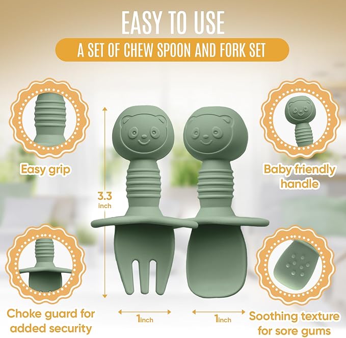 8pc Silicone Baby Spoons & Forks Set – Self Feeding Baby Utensils 6-12 Months – BPA Free, Dishwasher Safe – Toddler Cutlery (Turquoise/Pickle & Green/Yellow)