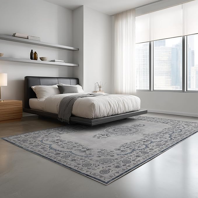 4x6 Washable Area Rug for Living Room, Carpet for Bedroom, Soft Faux Wool Retro Dining Room Rug, Non Slip&Non-Shedding Resistant Low Pile Vintage Print Rug for Home Office (Grey/Blue)