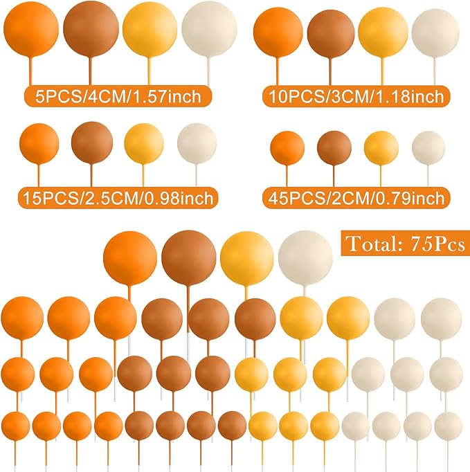 75 Pieces Cake Balls Topper Decorations Foam Cupcake Topper Mini Balloon Cake Topper Balls Cake Picks for Cake Deco Birthday Party Wedding（Orange Khaki Series）