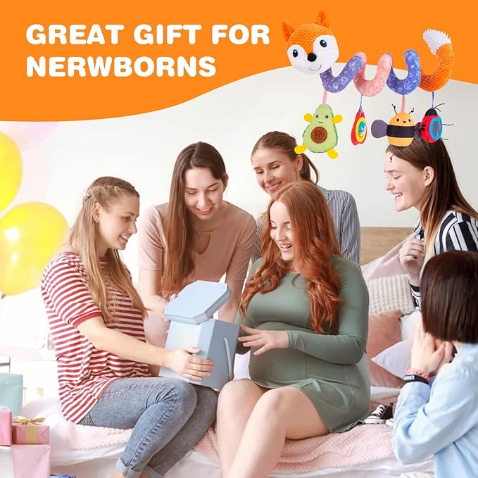 Jollybaby Baby Car Seat Stroller Toys, Plush Activity Hanging Spiral Activity Pram Crib with Music Box, Rattles, Squeaker for Babies Infant Boys Girls(Orange Fox)