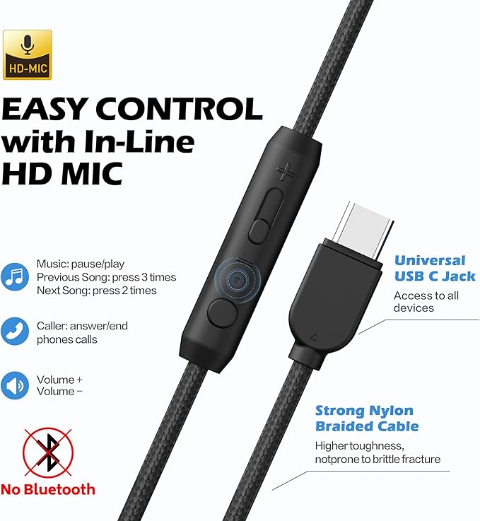 AILIHEN C8 USB-C Headphones Wired - Kids Headphones with Microphone & Volume Control, Foldable Stereo Sound Tangle-Free Type C Cord, Compatible with Cellphone, Laptop, PC (Black Blue)