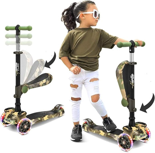 Hurtle 3-Wheeled Scooter for Kids - Wheel LED Lights, Adjustable Lean-to-Steer Handlebar, and Foldable Seat - Sit or Stand Ride with Brake for Boys and Girls Ages 1-14 Years Old