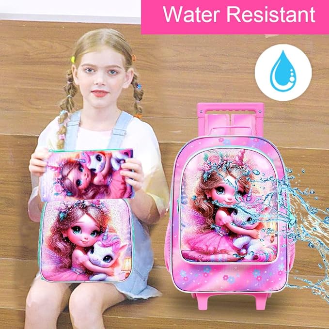 gxtvo Girls Rolling Backpack, Cute Unicorn Roller Wheels Kids Bookbag - Wheeled Elementary School Bag