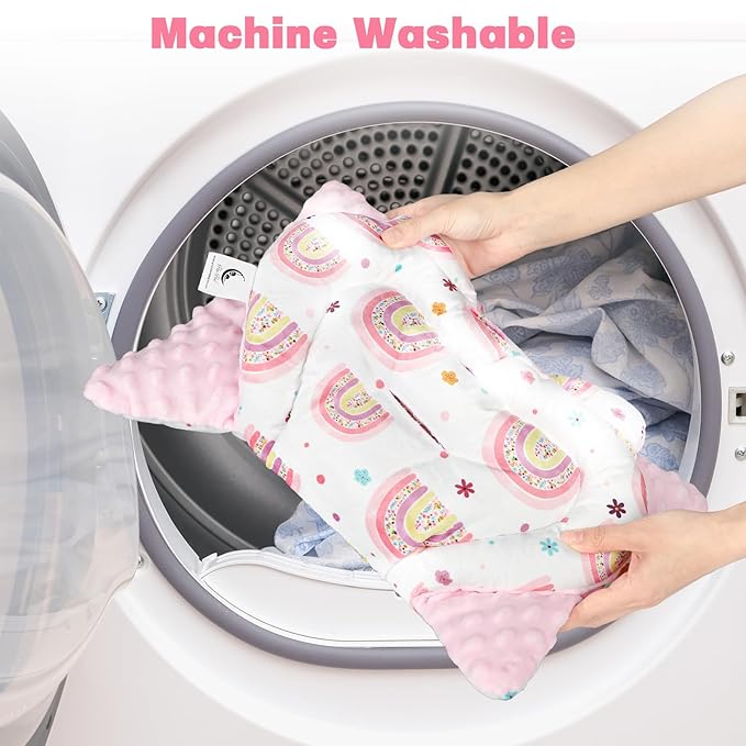 Infant Car Seat Insert with 3 Strap Covers, 3 in 1 Reversible Rainbow Baby Car Seat Head Support for Newborn, Baby Girl Newborn Essentials for Preemie to Infant, Stroller, Swing, Bouncer (Pink)