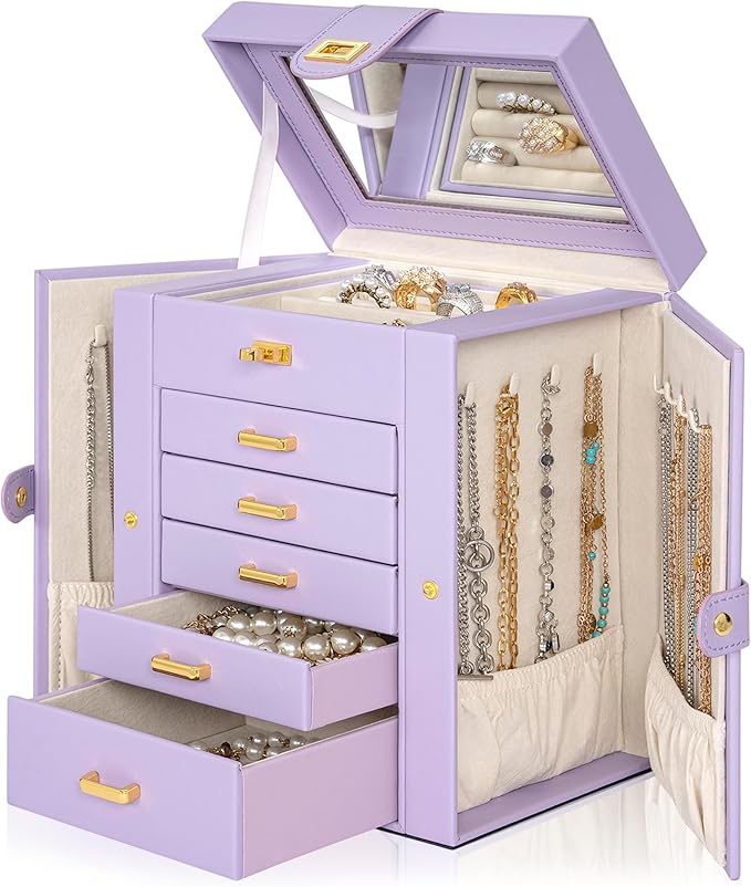 AKOZLIN Jewelry Box Organizer Functional Leather Jewelry Storage Case for Women Girls Ring Necklace Earring Bracelet Holder Organizer with Mirror Purple