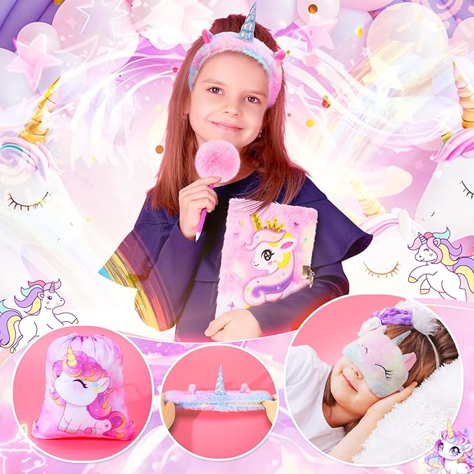 13PCS Unicorns Gifts for Girls Kids Toys 3 4 5 6 7 8 9 10 Years Old with Stationery Plush Diary with Lock/Glowing Blanket/Eye Mask/Crossbody Bag Teen Girl Birthday Christmas Unicorn Toy
