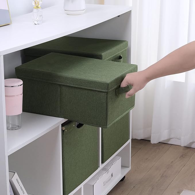 HOONEX Storage Bins with Lids for Organizing, Pack of 2, Storage Boxes with 2 Carrying Handles and Sturdy Heavy Cardboard, 16.5" L x 11.8" W x 7.5" H for Shoes, Books, Clothes, Olive