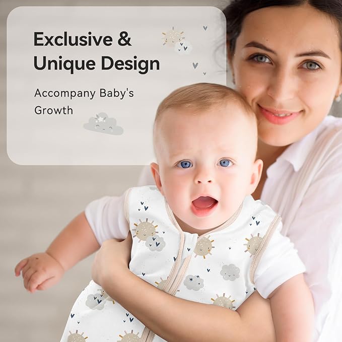 Baby Sleep Sack 12-18 Months 0.5 Tog Wearable Blanket Baby, 3 Pack 100% Cotton Lightweight Sleeping Sack with 2-Way Zipper for Infant Toddler Apricot White Sun Clouds