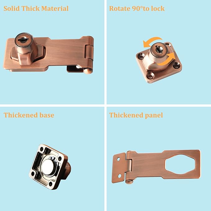 Alise Keyed Hasp Lock,3 Inch Safety Packlock Clasp Hasp Lock Latch with Lock,Door Hinge Lock with Keys Keyed Locking Hasp for Cabinets Closets Doors,Red Bronze