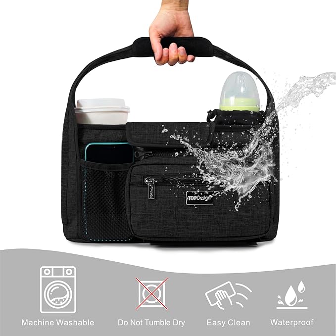 TOPDesign Universal Baby Stroller Organizer, Stroller Caddy with Detachable Mesh Bag & Heightened Insulated Cup Holders & Non-Slip Secure Hooks Accessories, Fits Most Strollers (Tropical Rainforest)