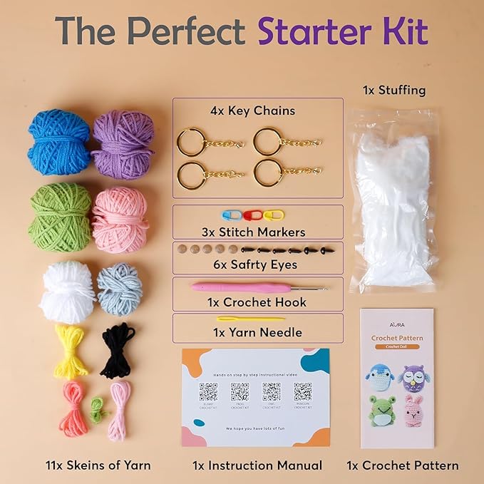 A-URA Learn to Crochet Kit for Beginners Kids and Adults, Premium 4 Animal Pattern Beginner Crochet Kits with Easy Tube Yarn & Step-by-Step Video Tutorials (Forest Friends–Standard Size)