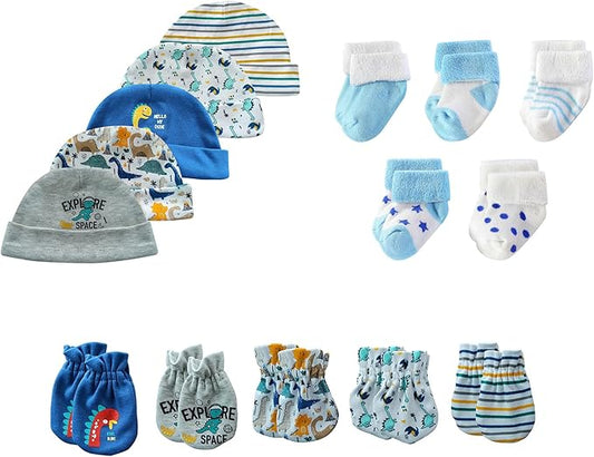 15 Pack Unisex New Born Boy Girls Hats Mittens Socks Sets Cotton Soft Infant Accessory 0-6 Months Baby Essentials