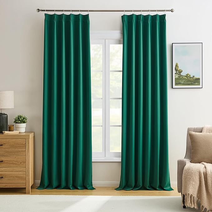 KEQIAOSUOCAI Dark Hunter Green Window Draperies 120 Inches Long 10 Feet Tall, Pinch Pleat Room Darkening Thermal Insulated Curtains for Living Room Emaerald Green 40 x 120-inch 2 Panels