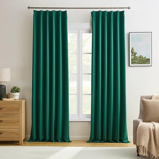 KEQIAOSUOCAI Dark Hunter Green Window Draperies 120 Inches Long 10 Feet Tall, Pinch Pleat Room Darkening Thermal Insulated Curtains for Living Room Emaerald Green 40 x 120-inch 2 Panels