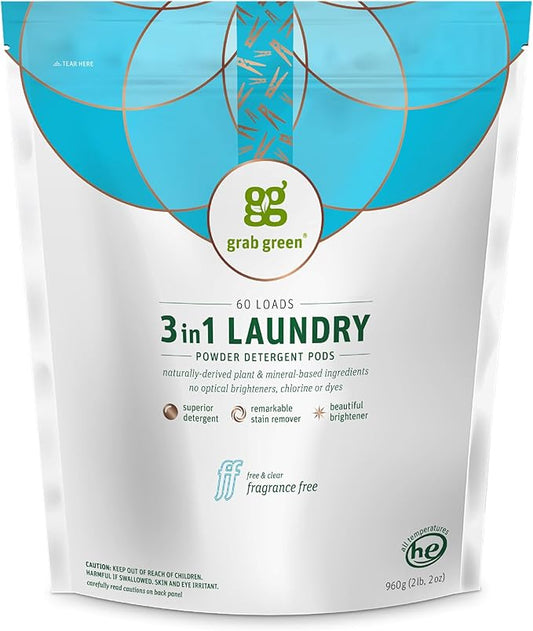 Grab Green 3-in-1 Laundry Detergent Pods, 60 Count, Fragrance Free, Plant and Mineral Based, Superior Cleaning Power, Stain Remover, Brightens Clothes