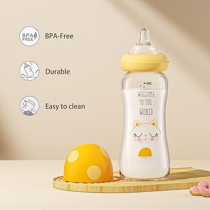 YOHKOH Natural Glass Baby Bottle with Natural Response Nipple, Newborn Anti-Colic Baby Bottles, Wide Neck Mushroom Cap Baby Bottle, Clear (8.8ounce (Pack of 4), Yellow1)