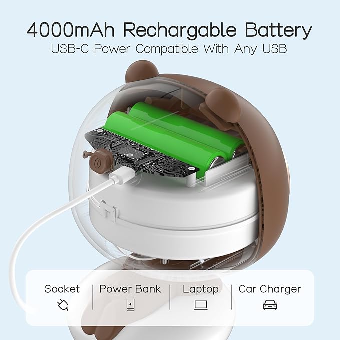 Cute Bear Stroller Fan Clip On for Baby, Portable Bladeless Fans 4 Speeds Oscillating, 4000mAh Rechargeable Battery Powered, Flexible Tripod Strong Cooling for Bedside Crib Car Seat