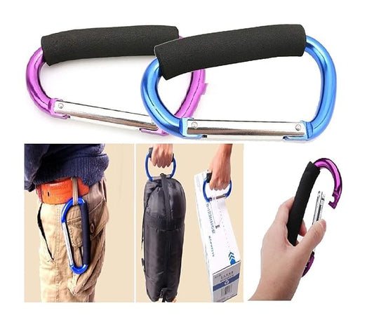 Large Stroller Hooks for Mommy, 2 pcs Carabiner Stroller Hook Organizer for Hanging Purses, Diaper Bag, Shopping Bags. Clip Fits Single/Twin Travel Systems, Car Seats (Blue+Purple)