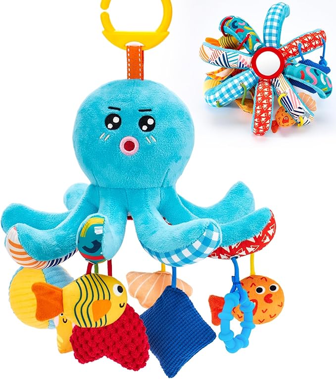 hahaland Baby Toys 0-6 Months - Car Seat Toys Octopus Toy with Pulling Cords, Squeaky, Crinkle, Rattle, Mirror, Montessori Newborn Sensory 4 Month Babies Gift Stroller Carseat Hanging Toy for Baby Gym