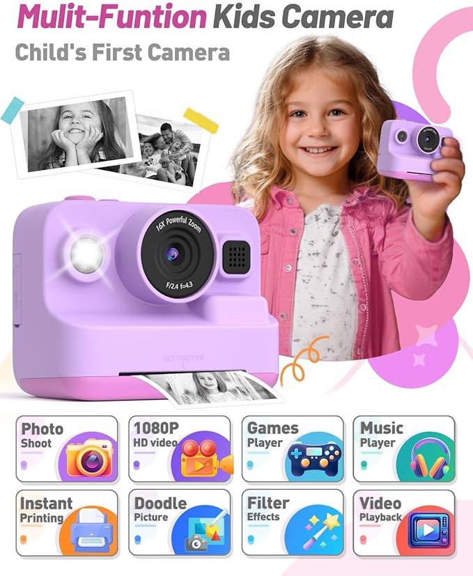 Instant Print Camera for Kids, Christmas Birthday Gifts for 3-12 Year Old Girls Boys, 2.4in Screen 1080P Video Digital Camera Toys for Kids Age 4 5 6 7 8 9 10 with 3 Rolls Print Paper 32G Card